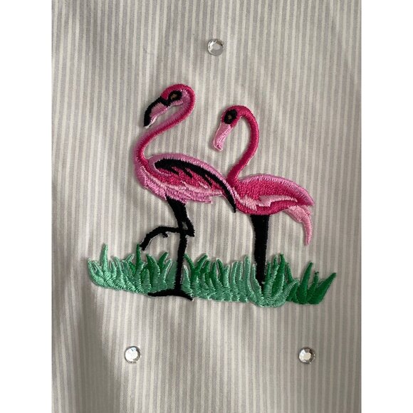 Las Olas Oved Intl Blouse Button Front Flamingo Embroidered Silver Stripe Small - Picture 6 of 11